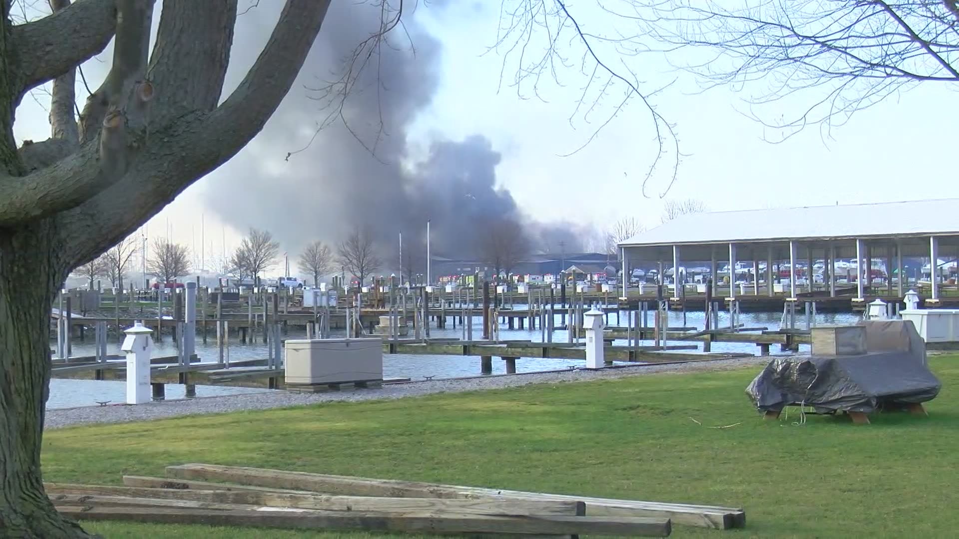 The building on fire is a rack and launch building where boats are stored in the winter.