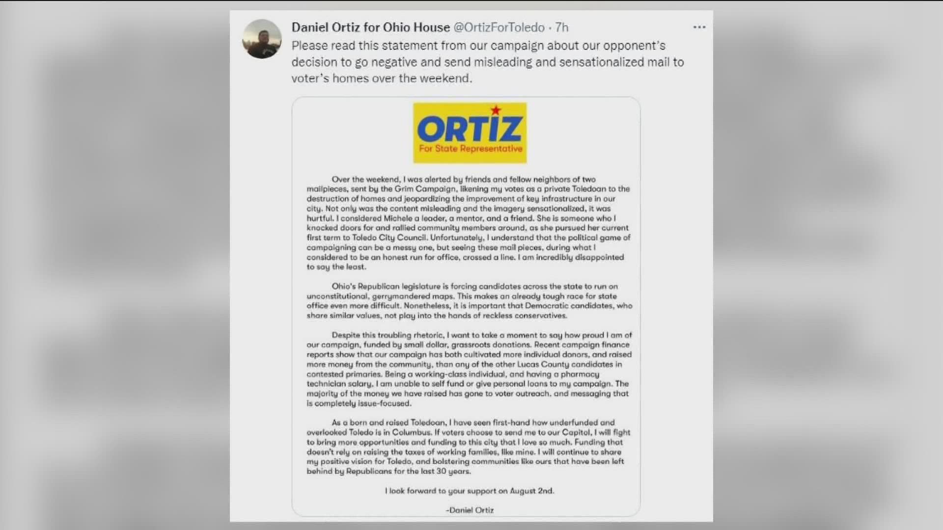 Candidate Daniel Ortiz took issue with a mailer from his opponent, Michele Grim. The Democrats are vying for the nomination for 43rd state House district.