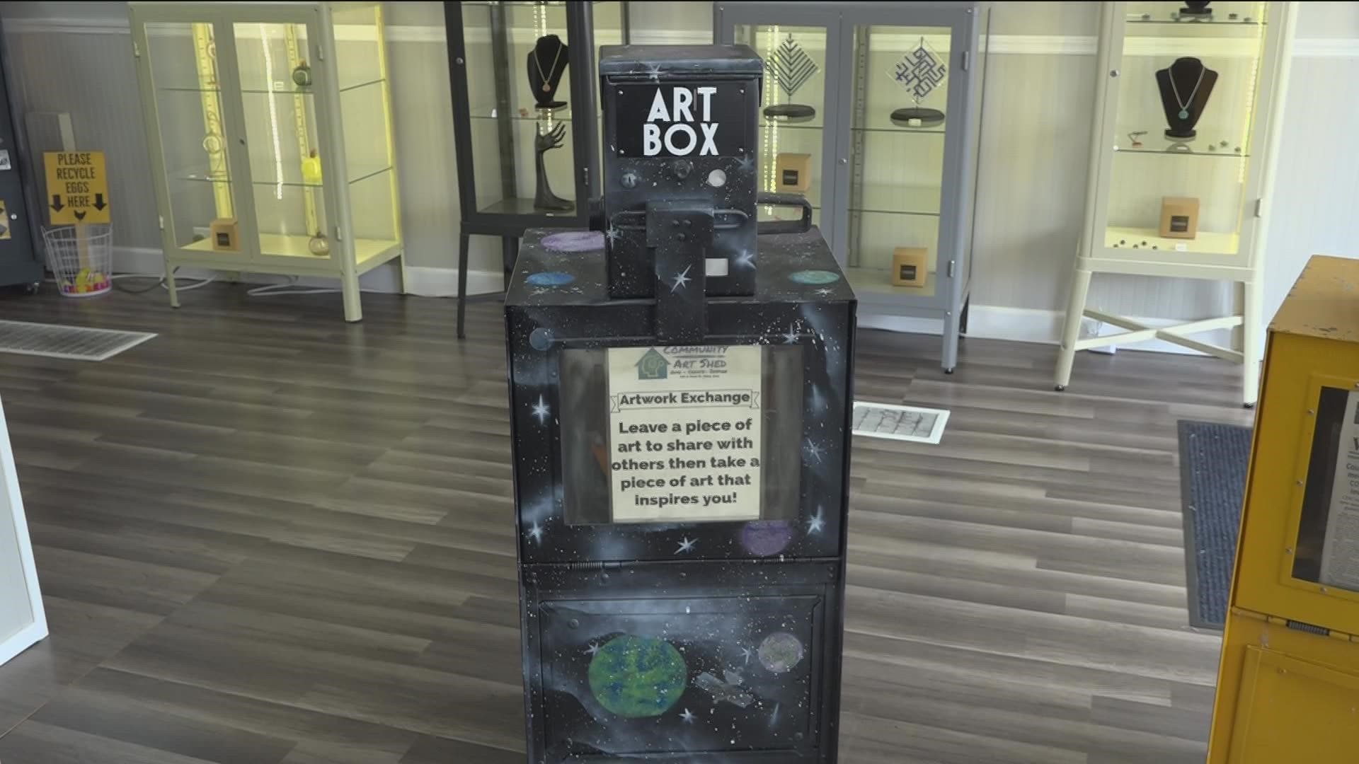 The Art Boxes are refurbished from repurposed newspaper racks. Artists and residents will be able to leave artwork or take a piece from the box for free.