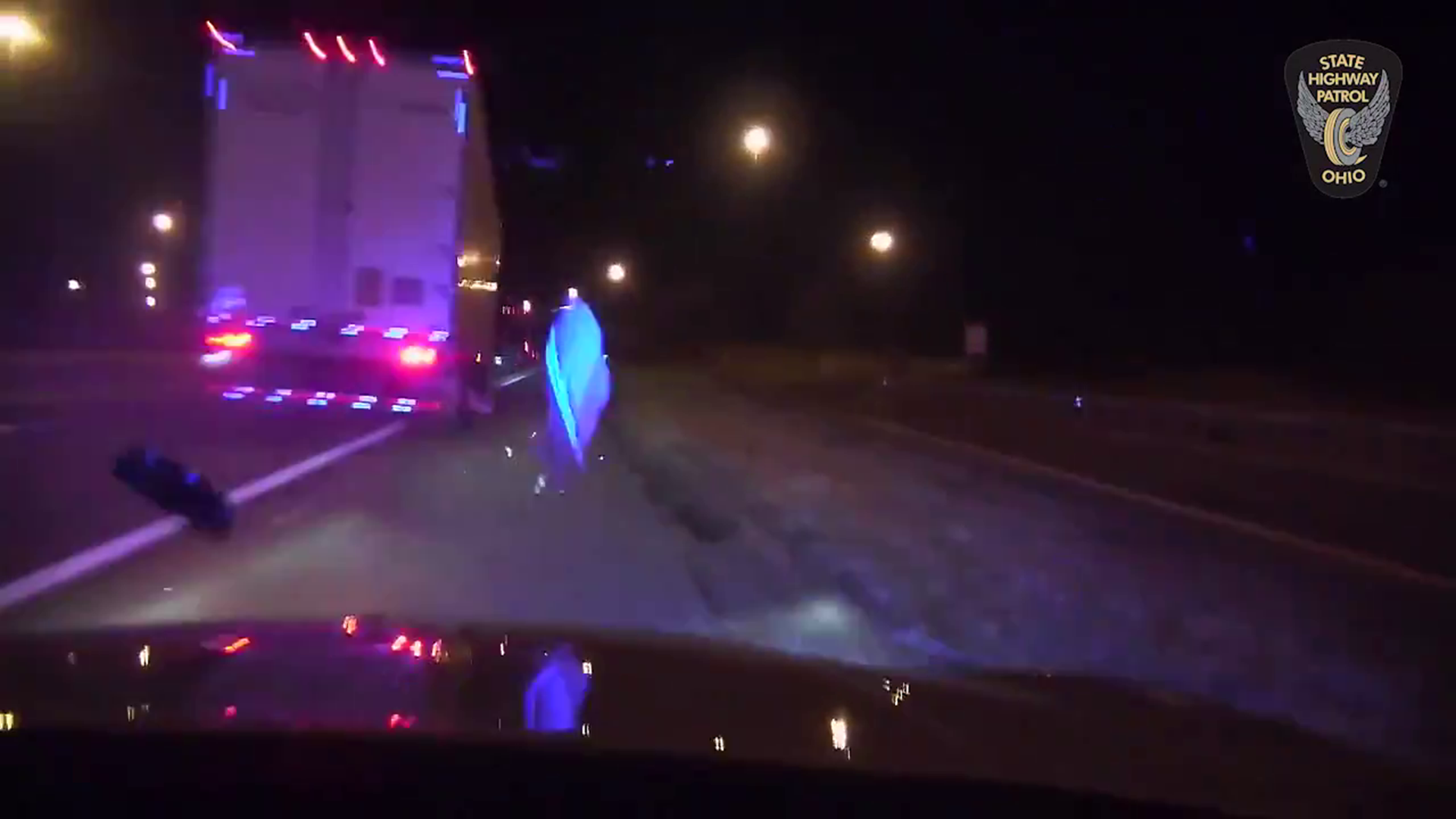 The trooper was finishing up a traffic stop when a semi that had been called in for reckless driving hit their cruiser. The trooper was not injured in the incident.