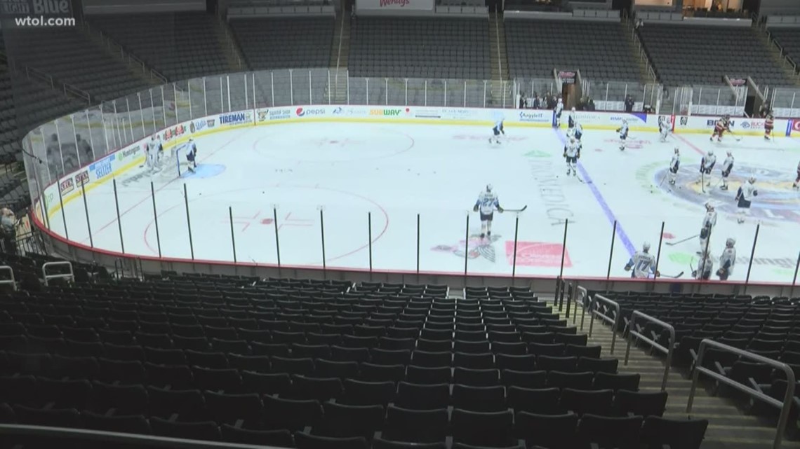 TOLEDO, OH - MARCH 11: The Cincinnati Cyclones and the Toledo Walleye play  in an empty arena during a regular season ECHL hockey game on March 11,  2020 at the Huntington Center