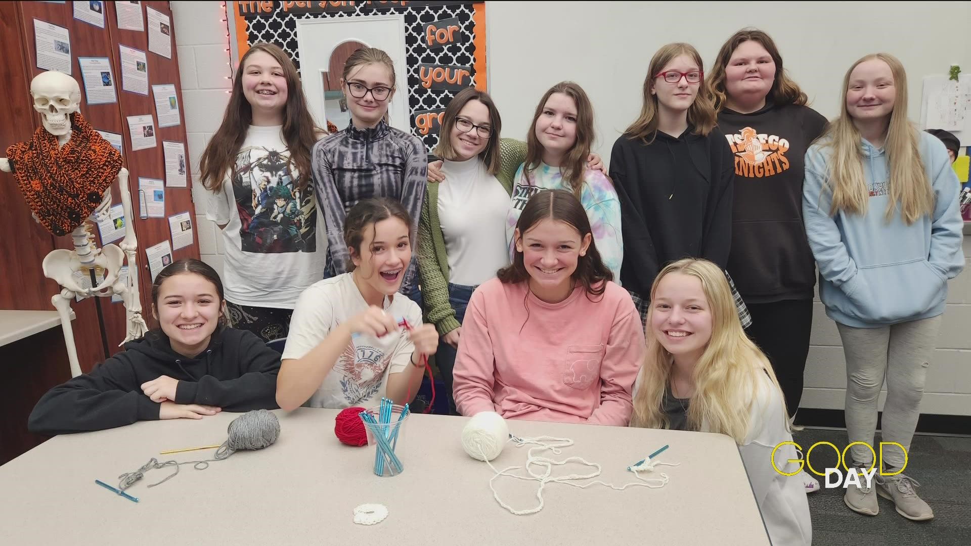 Otsego High School teachers Allison Mills and Megan Pierce have brought crochet projects to the classroom, where students are using the activity to relieve stress.