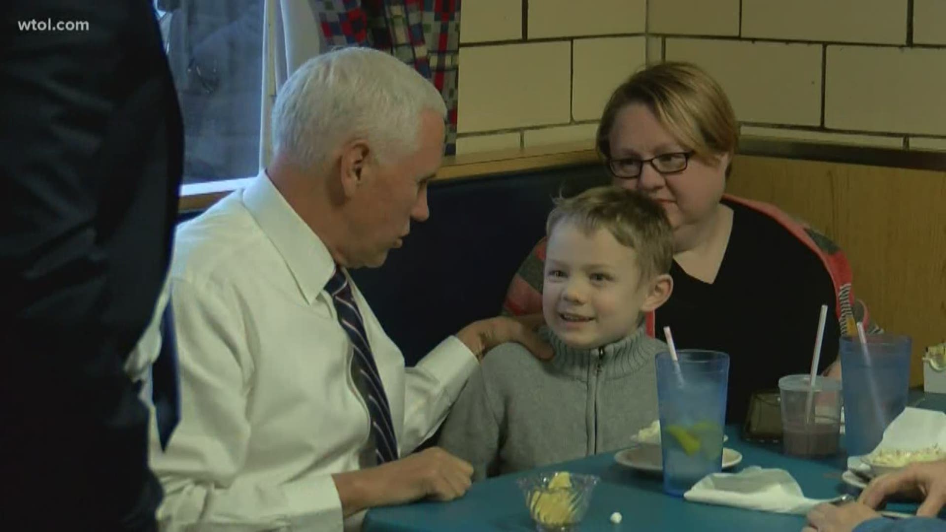 Before the rally at the Huntington Center Thursday, Vice President Mike Pence stopped by Schmucker's Restaurant to meet with customers.