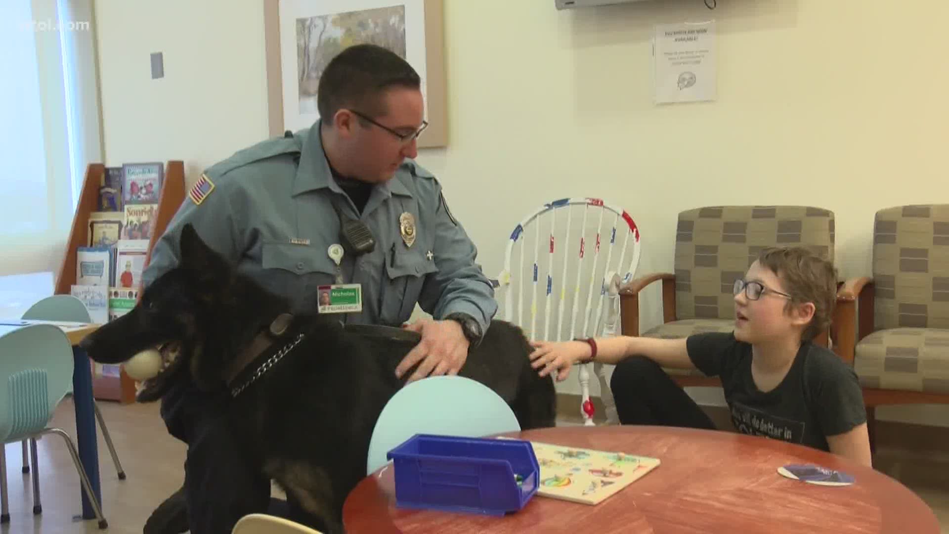 Sonar is a 2-year-old German Shepherd Dog. He joins fellow K-9 officer JC at the medical facility to work security and to comfort patients.