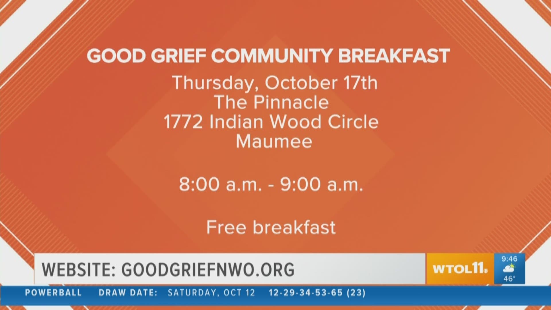 Oct. 17 is the date at The Pinnacle in Maumee. Free breakfast is from 8-9 a.m.