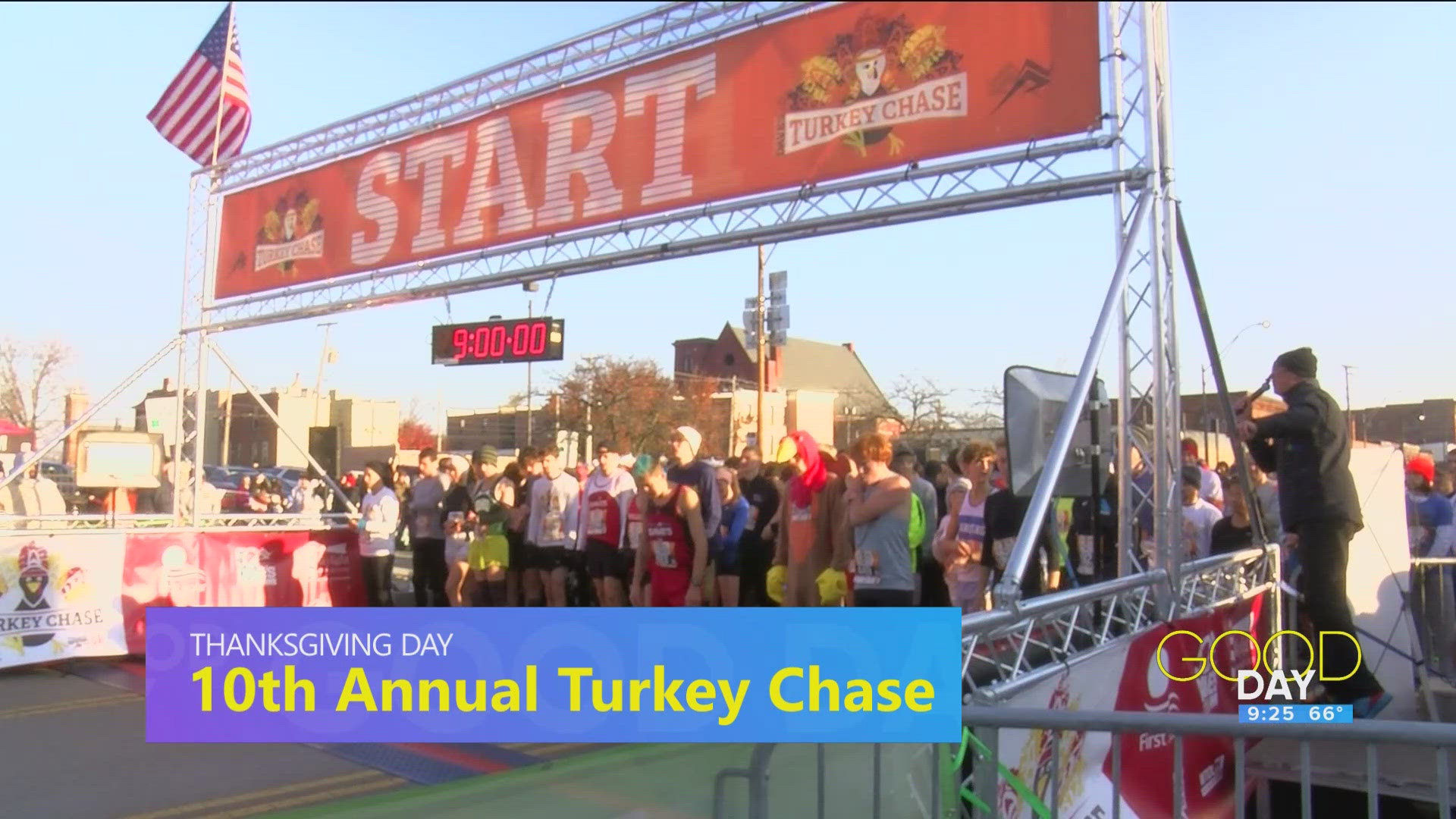 Clint McCormick from Dave's Running/Run Toledo and Shannon Nowak of Cherry Street Mission talk this year's 'Turkey Chase'. 