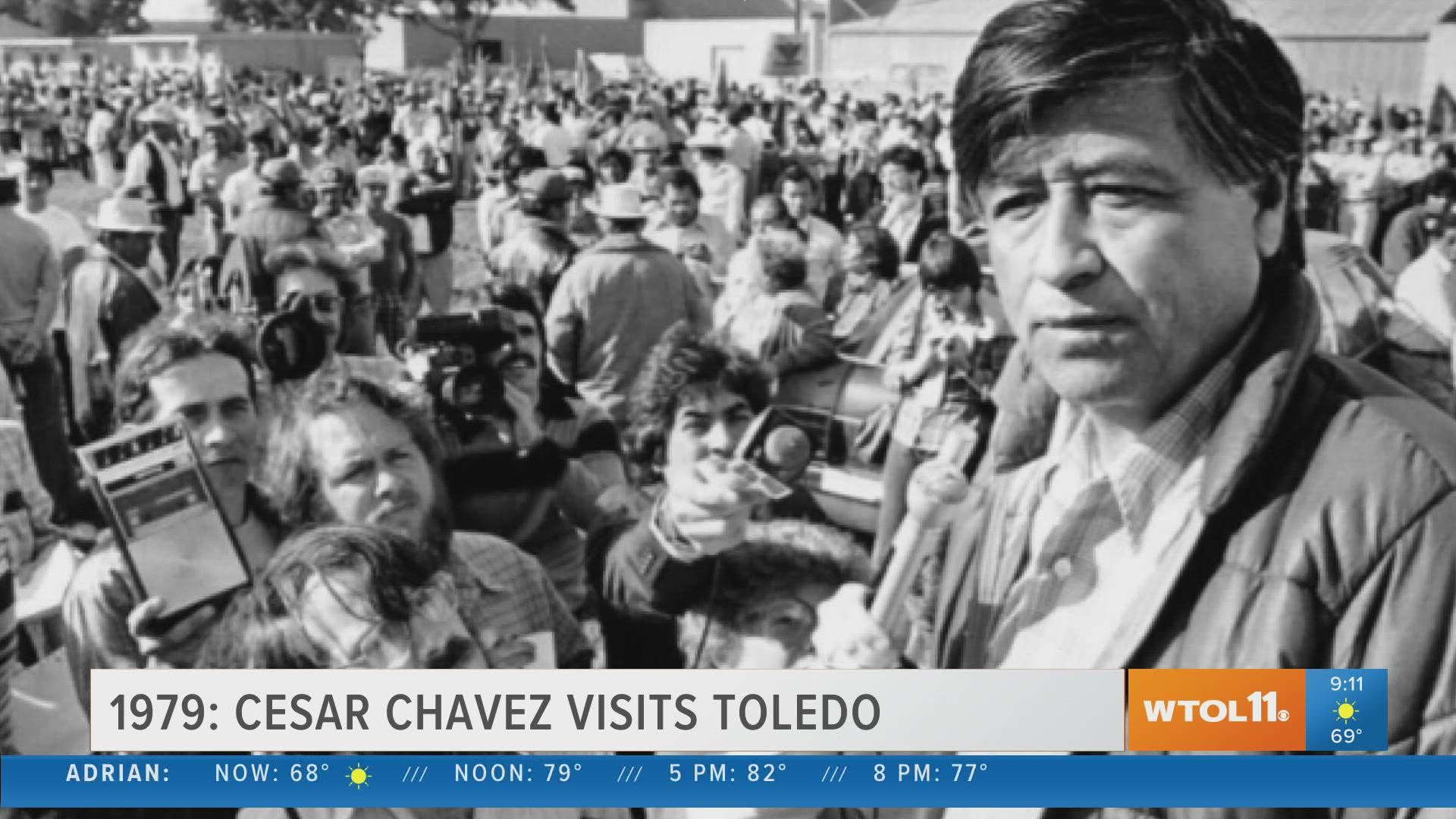 In 1979, national farm labor leader Cesar Chavez visits Toledo to congratulate Toledo's Farm Labor Organizing Committee (FLOC) for its efforts.