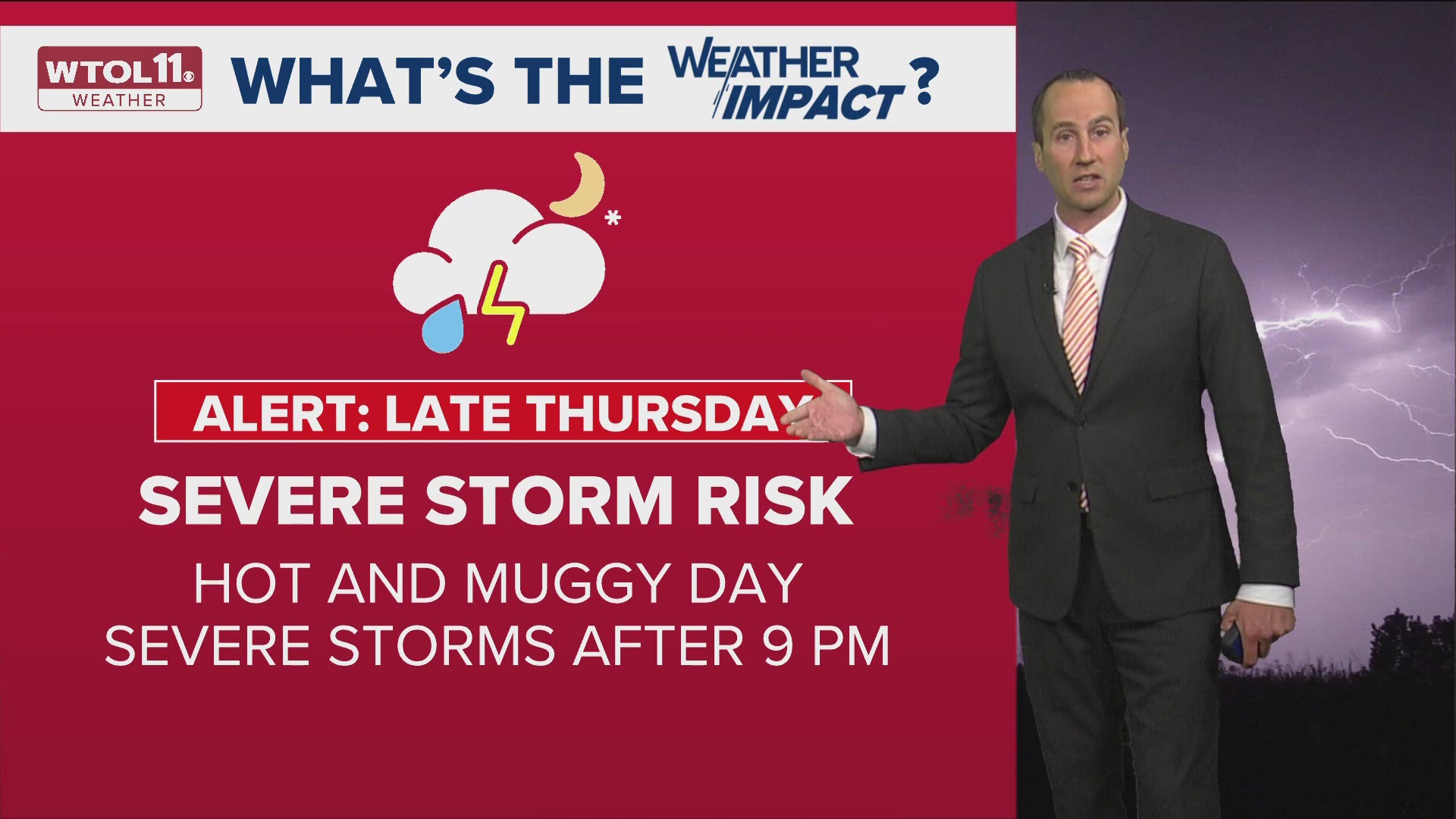 A Weather Impact Alert Day has been issued for Thursday night into Friday, as dry and very warm weather moves in, with highs surging into the mid and upper 80s.