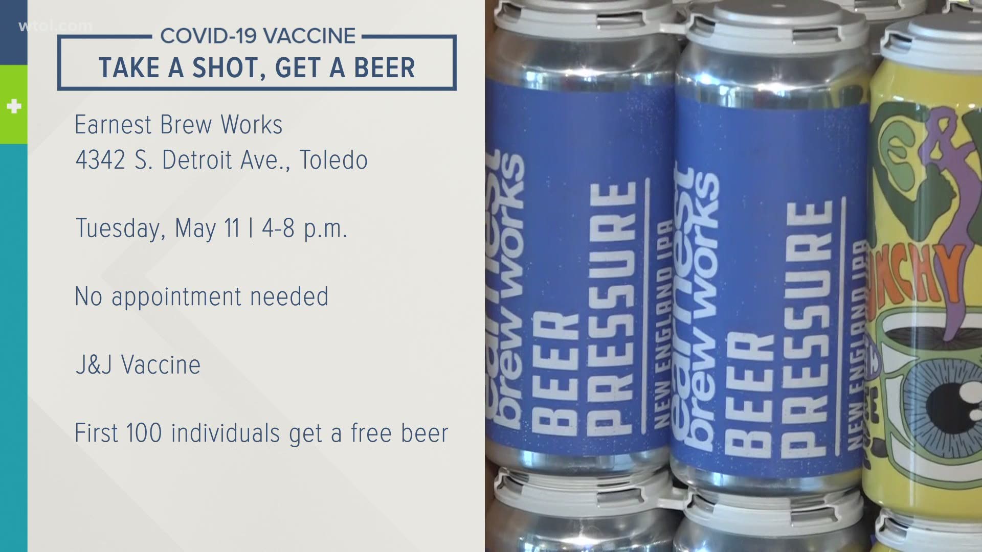 Earnest Brew Works on S. Detroit Ave. is offering the vaccines at an event on Tuesday from 4 to 8 p.m.