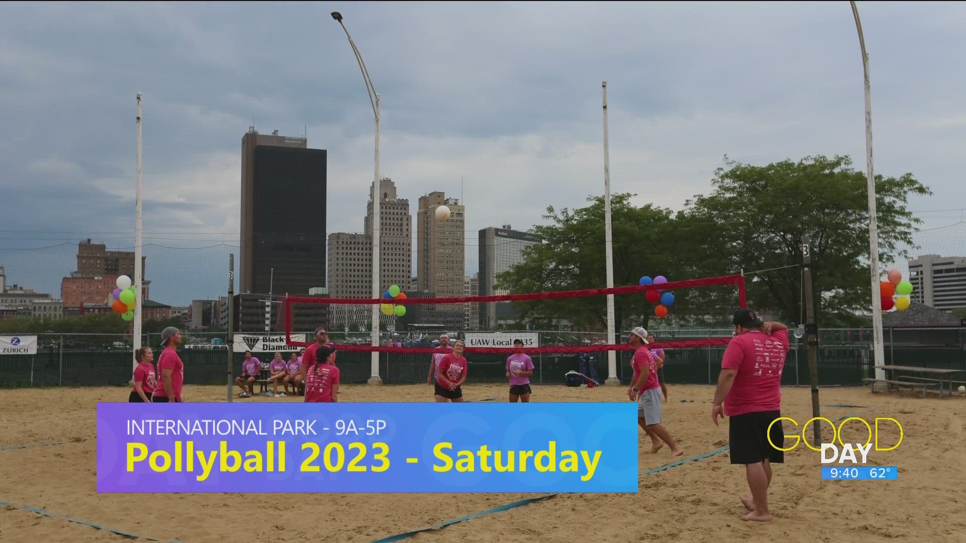 Lisa McDuffie of the YWCA and Nick Hylant of the Hylant group talk the 32nd annual Pollyball tournament to raise breast cancer awareness.