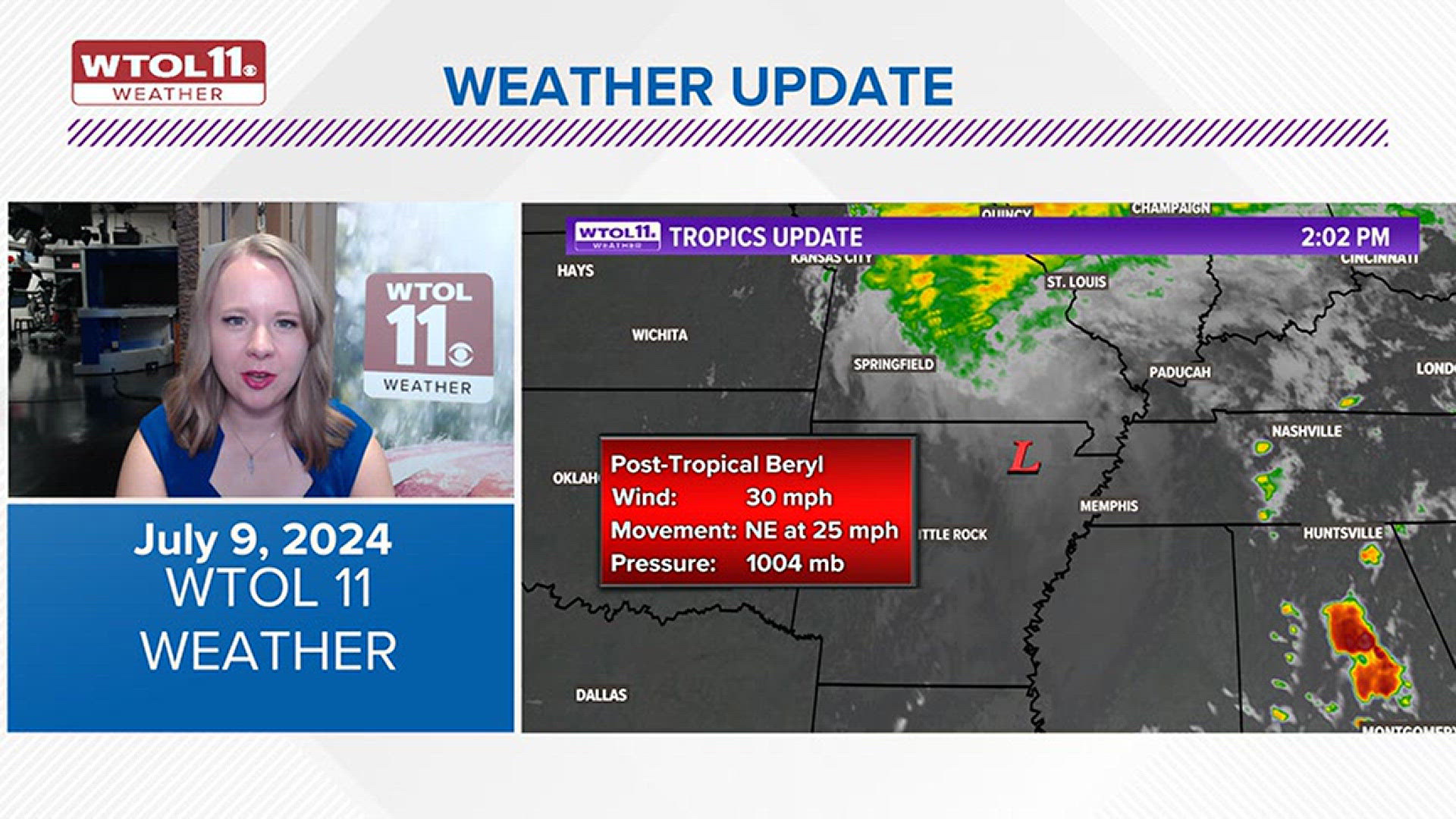 The low-pressure system associated with Beryl will move into the Ohio River Valley, delivering rounds of rain and thunderstorms to the lower Great Lakes Tuesday.