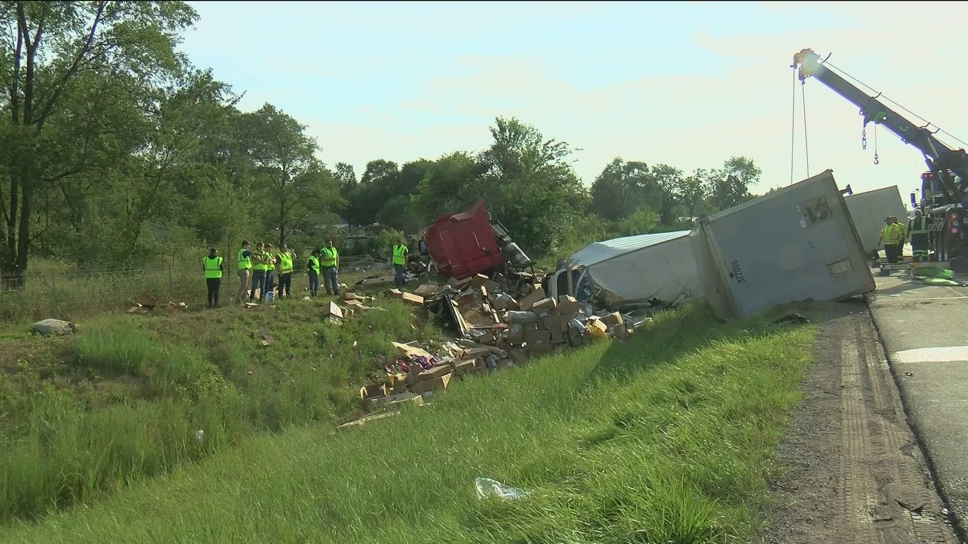 Crews still cleaning up from a crash involving 2 semi-trucks. They rolled off the road just after 5 a.m. Thursday.