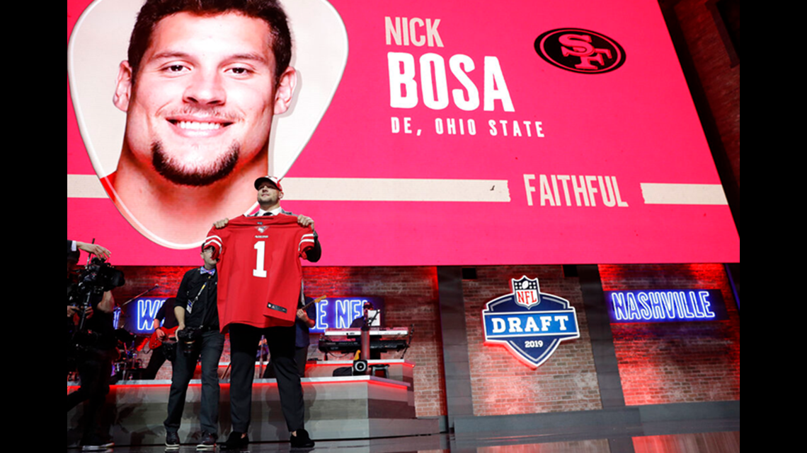 San Francisco 49ers first-round pick Nick Bosa poses with his jersey during  an NFL football news conference, Friday, April 26, 2019, in Santa Clara,  Calif. (AP Photo/Tony Avelar Stock Photo - Alamy