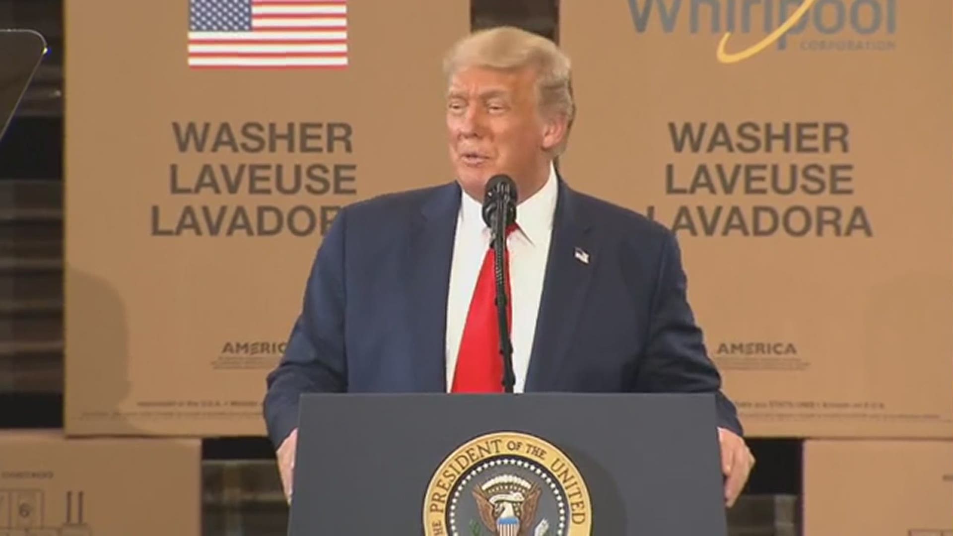President Donald Trump touts his relationship with the state of Ohio during a speech at the Clyde Whirlpool plant.