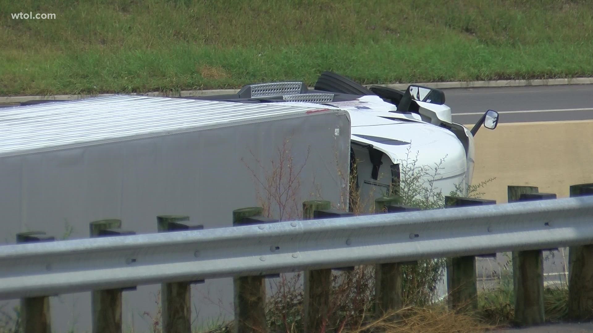 The semitrailer was overturned at Detroit Avenue. Motorists are urged to use an alternate route.