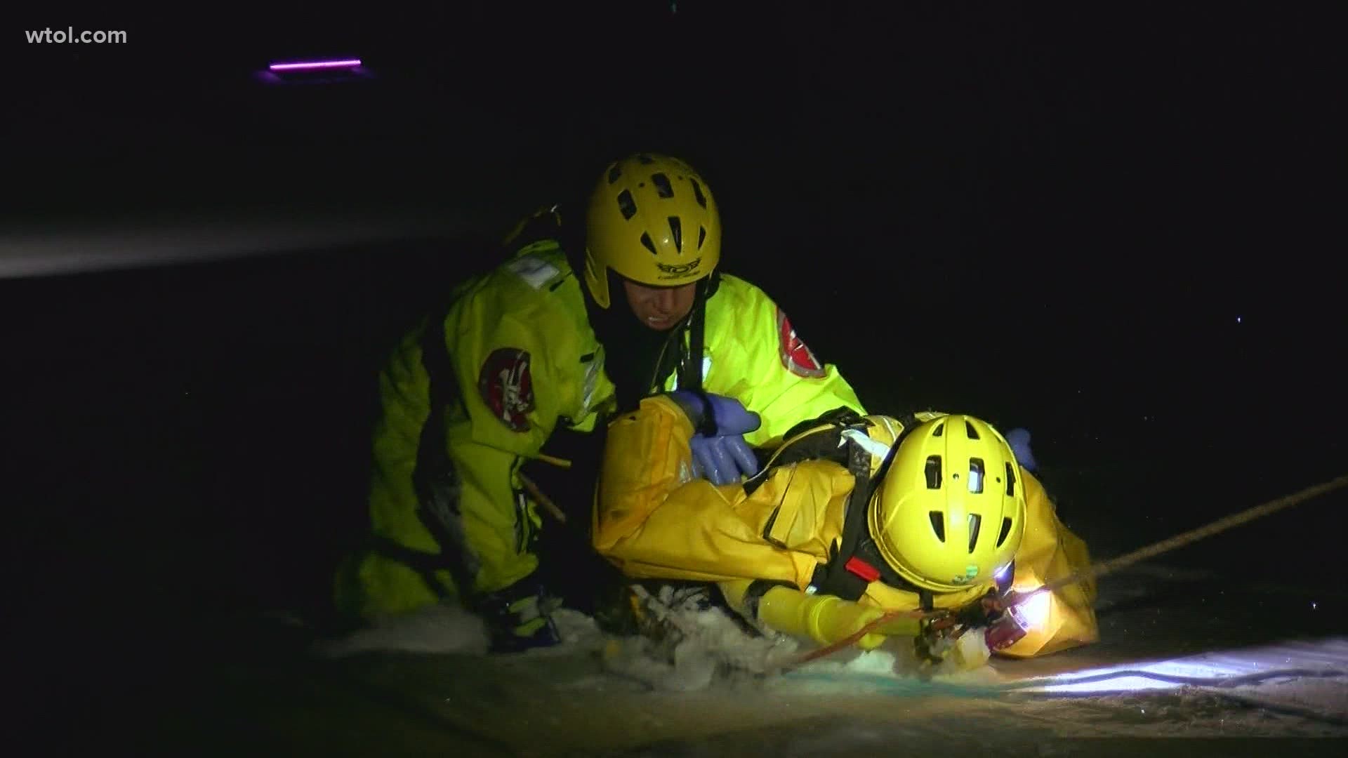 Washington Township Fire Department held a drill with its ice rescue team Wednesday night to practice for a rescue call.