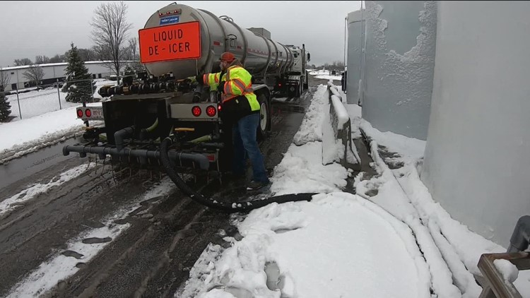 After clearing snow, ODOT crews work to prevent refreeze