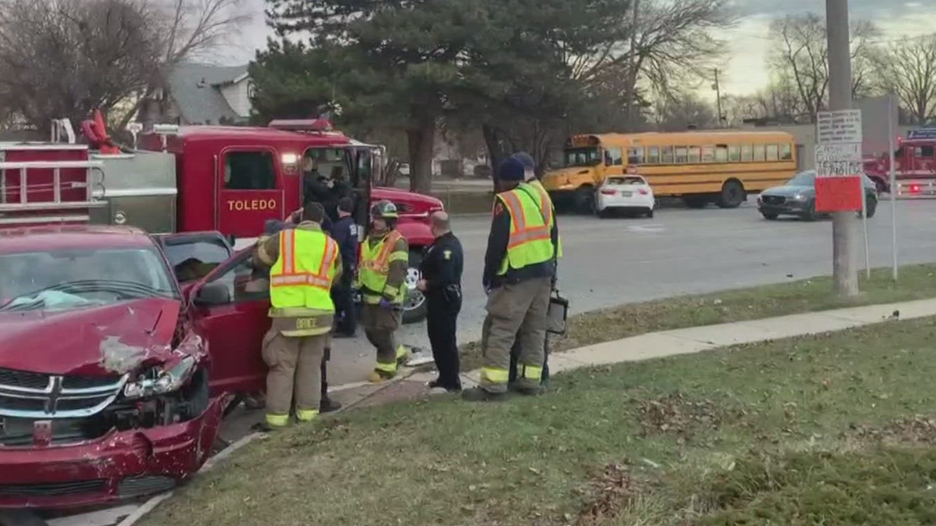 The crash involved at least two vehicles and the TPS bus. The bus was unloading students when hit by a car involved in another collision, Toledo police said.