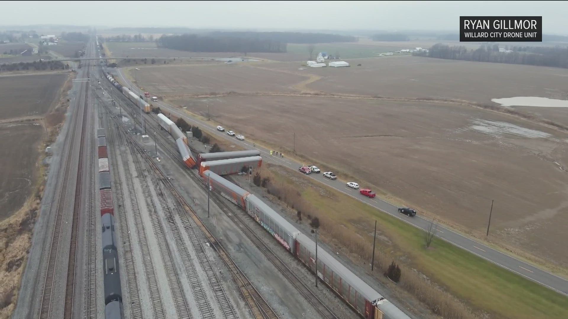 The derailment knocked two 1,000-gallon tanks of propane off their pedestal near the tracks.