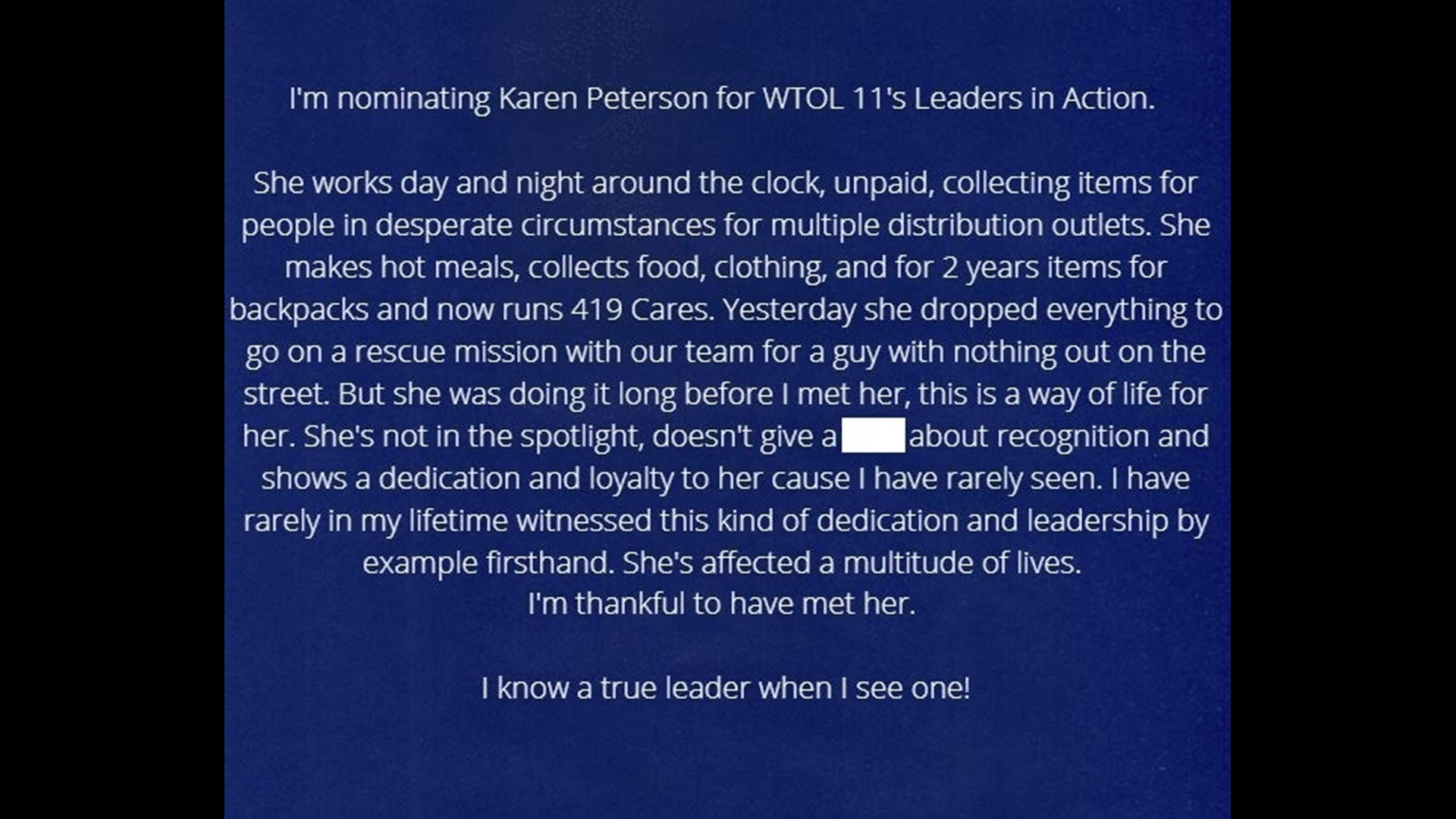 Backpacks for Humans organizer honored WTOL 11 Leaders in Action