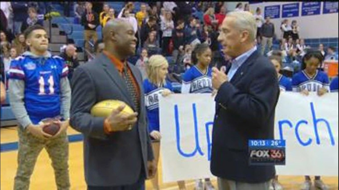 Former Broncos wide receiver delivers golden football to alma mater in Ohio