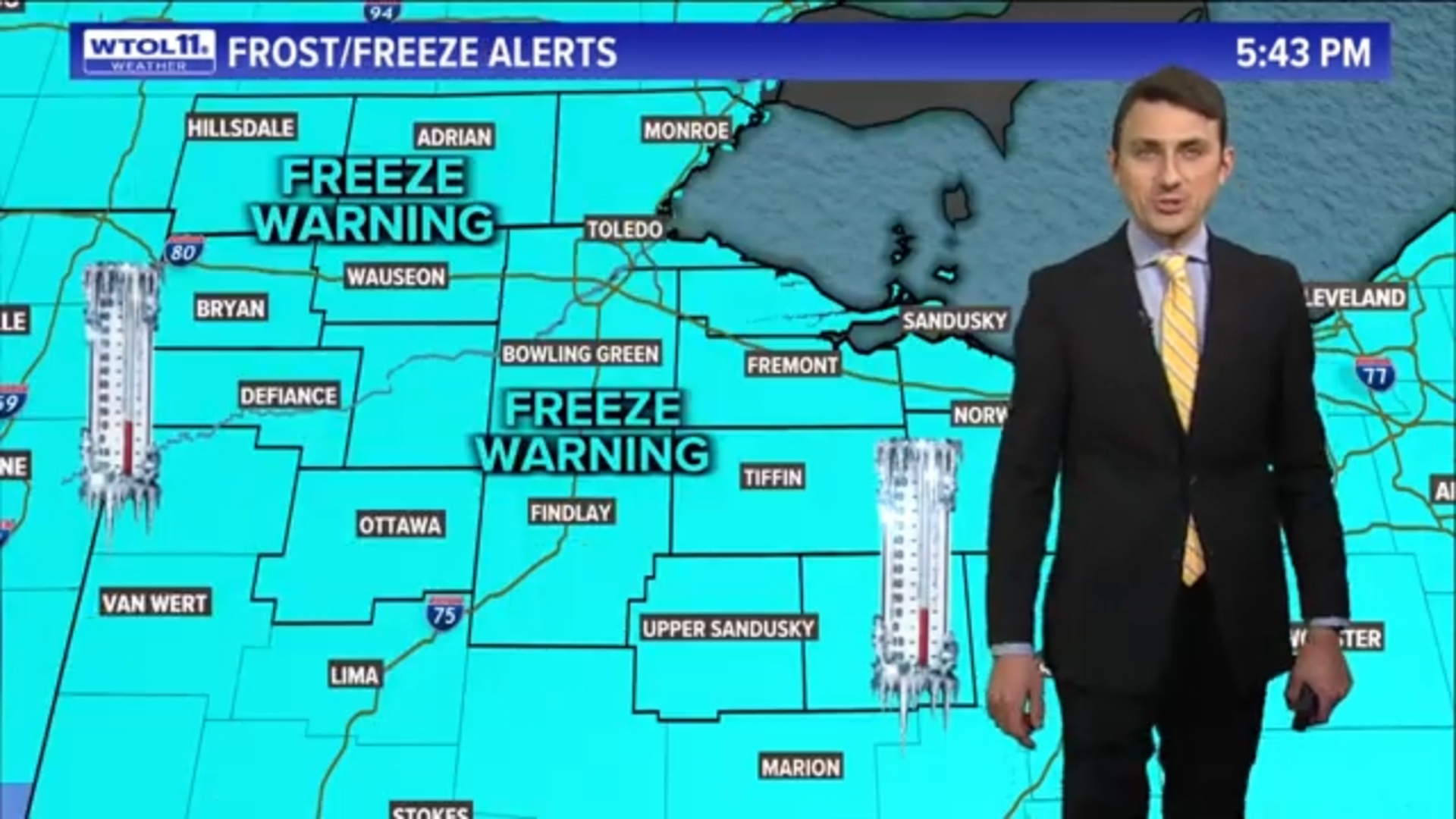 Freeze Warnings are in effect for all of northwest Ohio and southeast Michigan from midnight Wednesday until Thursday at 10 a.m., due to the risk of damaging frost.
