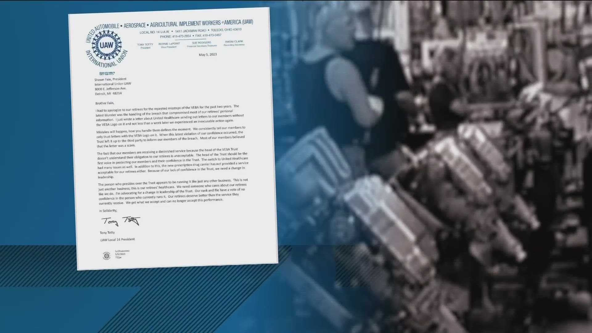 UAW Local 14 president Tony Totty said retired auto workers' personal information was compromised in January and the notification looked like a scam letter.