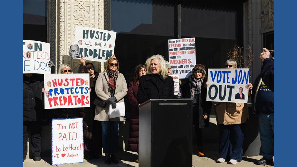 Ohioans protest outside Husted’s Toledo office over donations tied to Les Wexner