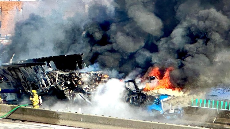 Semi truck in flames on SB I-475 at US 24, traffic stalled Tuesday afternoon