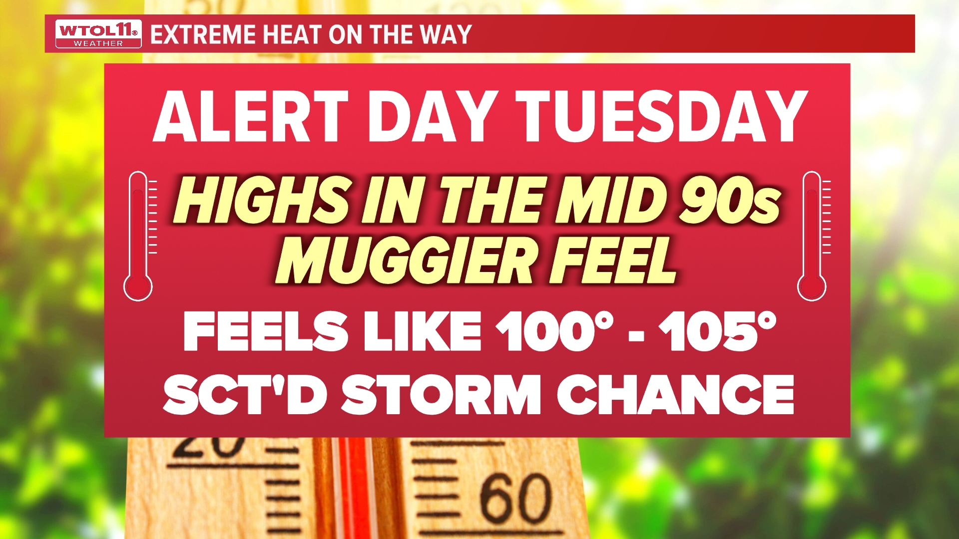 High temperatures will surge to the mid-90s and the 'feels like' temperature may climb to 100-105.