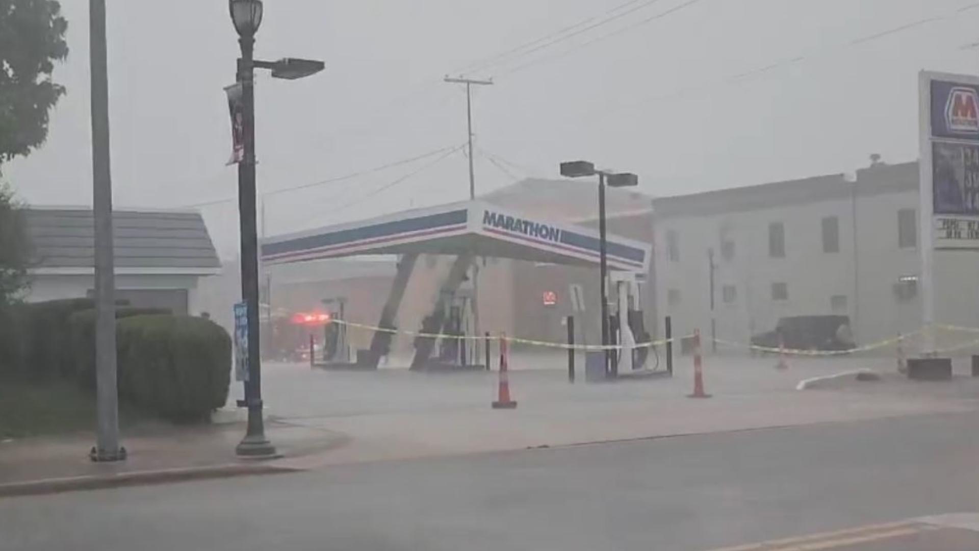 Area emergency services responded to a Marathon gas station in Carey Tuesday battered by severe weather. Video courtesy of Brent Bleam.