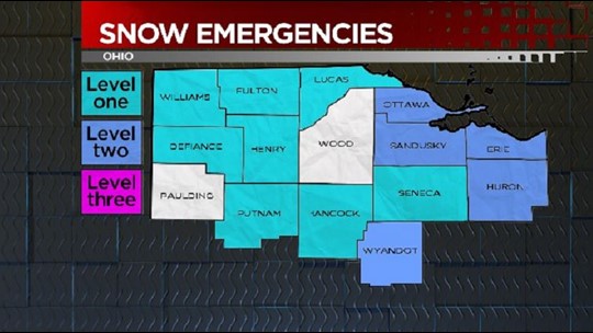 Level 2: Huron, Ottawa, Wyandot; Level 1: Putnam, Lucas, Seneca, Henry