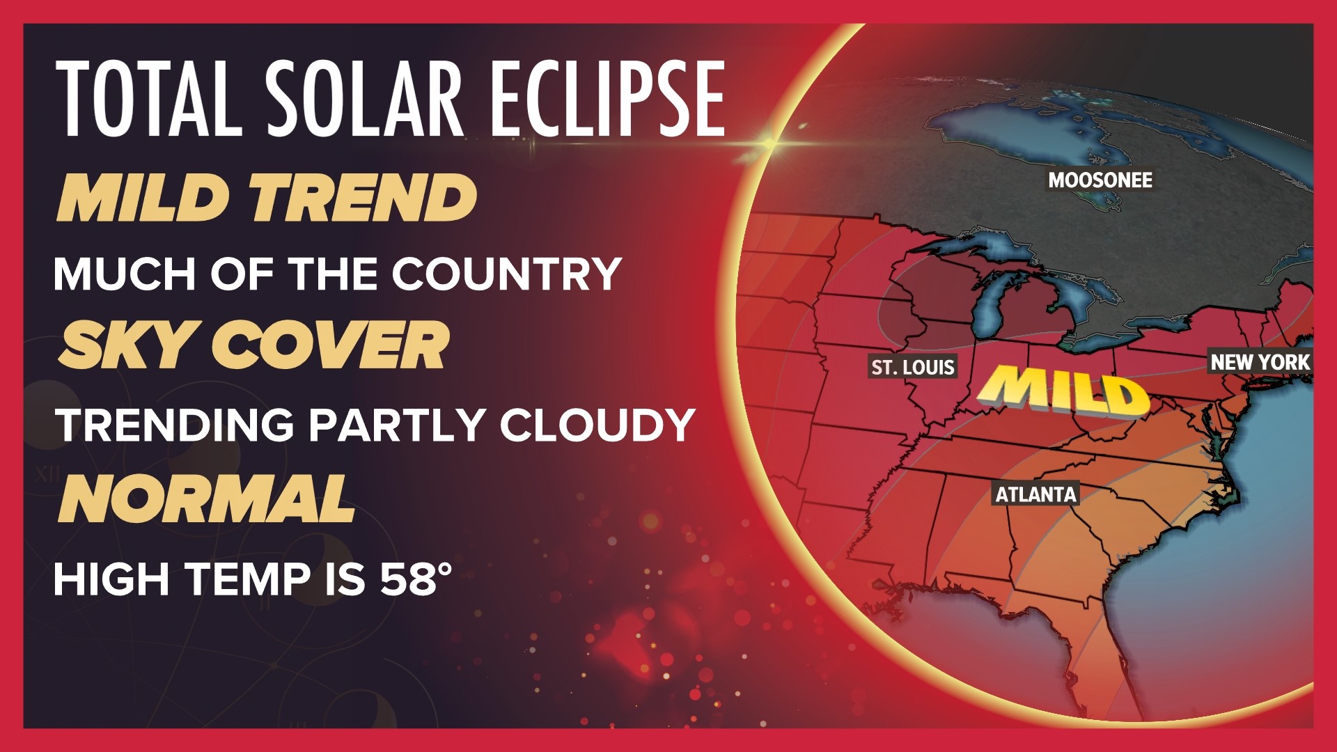The April 8 total solar eclipse is now in the WTOL 11 10-day forecast. Conditions are trending much milder than average with highs likely in the upper 60s.