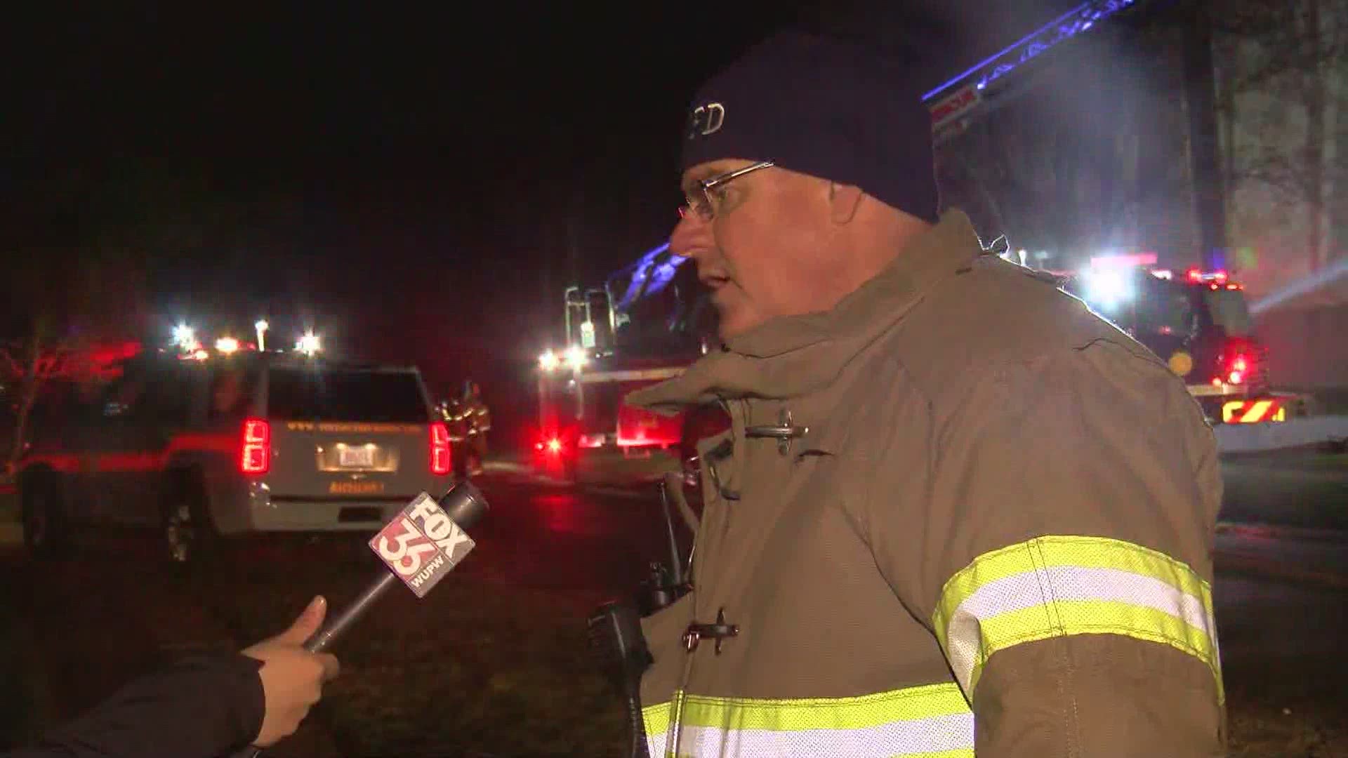 Pvt. Sterling Rahe, a spokesperson for Toledo Fire & Rescue Department, gives an update from the scene of the apartment fire on Cresthaven Lane on March 31, 2021.