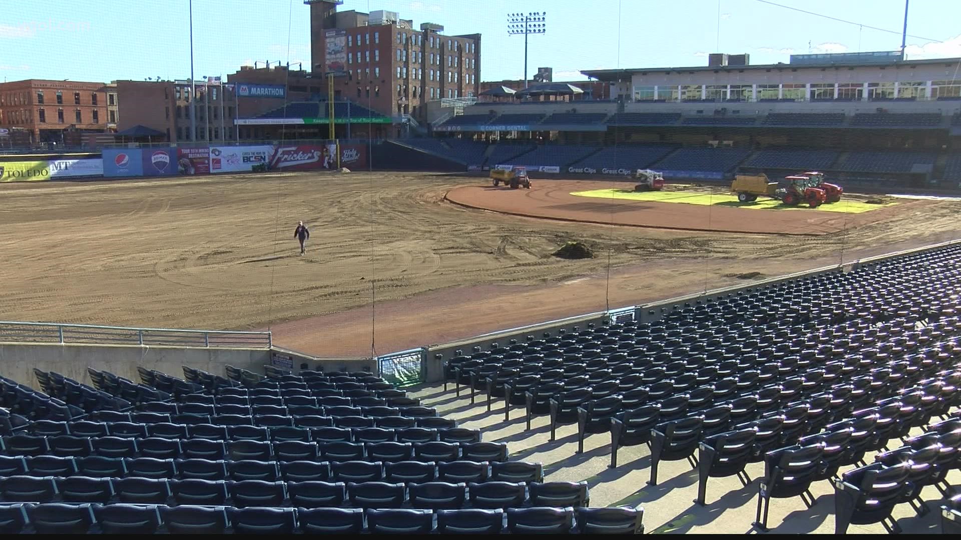 Crews are hard at work to prepare the home of the Mud Hens for an outdoor hockey rink for the Toledo Walleye Winterfest.