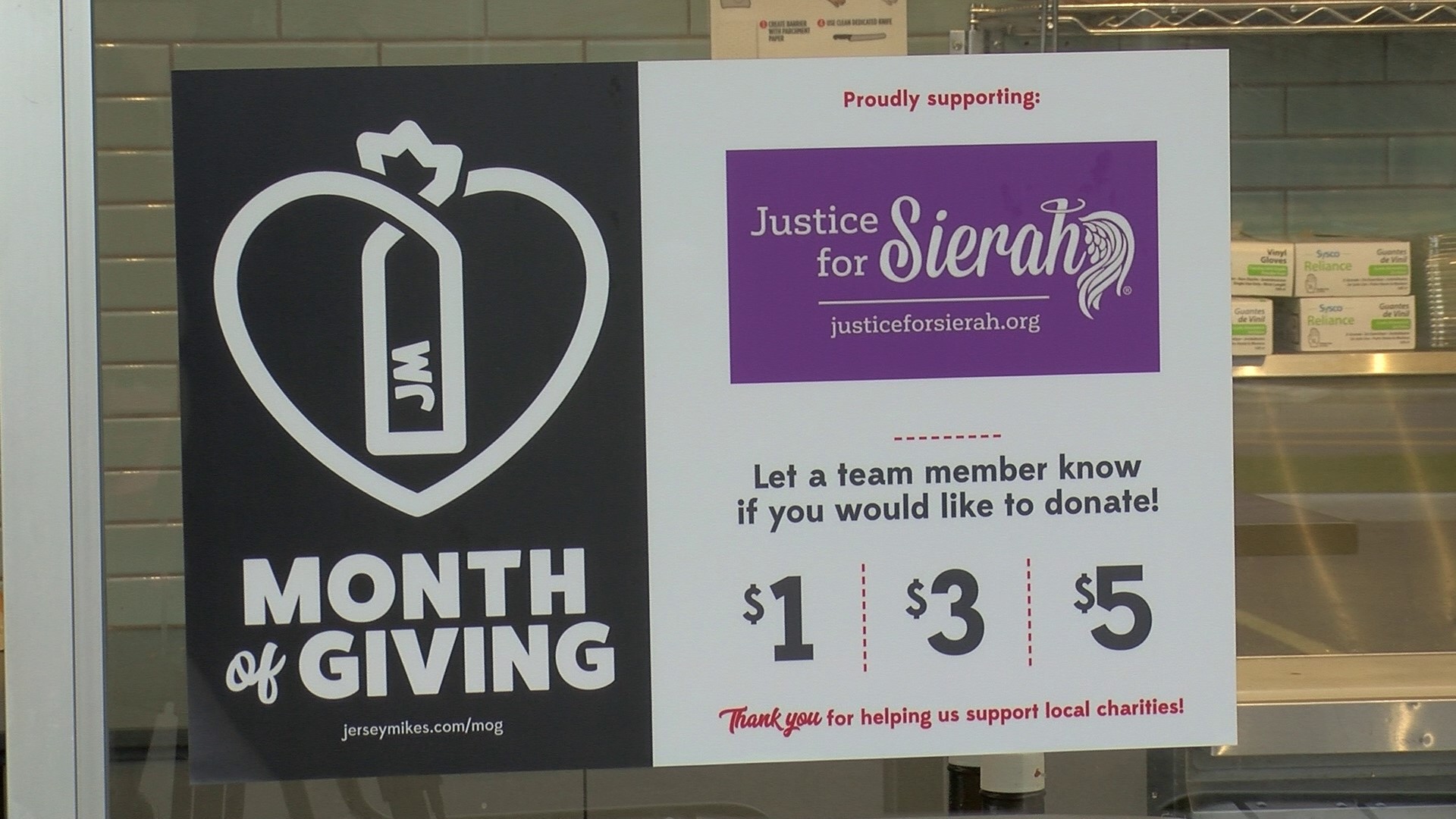 March 27 is National Day of Giving at Jersey Mike's. The sub shop will donate 100% of its sales at its four different local locations to Justice for Sierah.