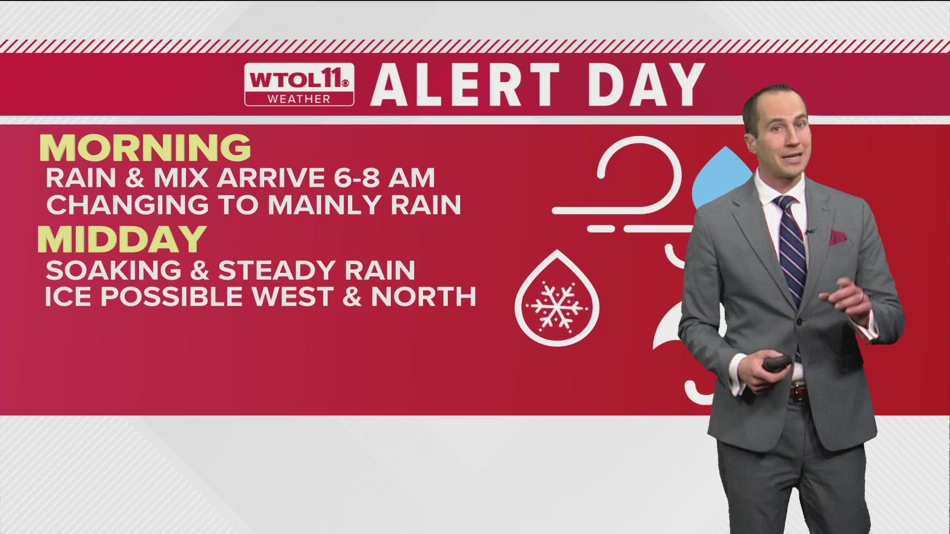 The greatest ice potential will be north of RT 24 into southeast Michigan. Widespread, cold and soaking rain will be expected for the majority of the area Wednesday.