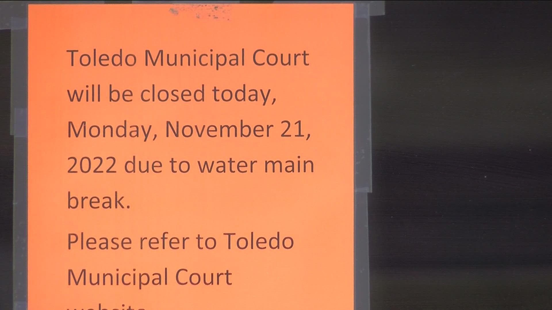 A water main break Monday forced the court to close. Monday's cases will be rescheduled and court will reopen Tuesday.