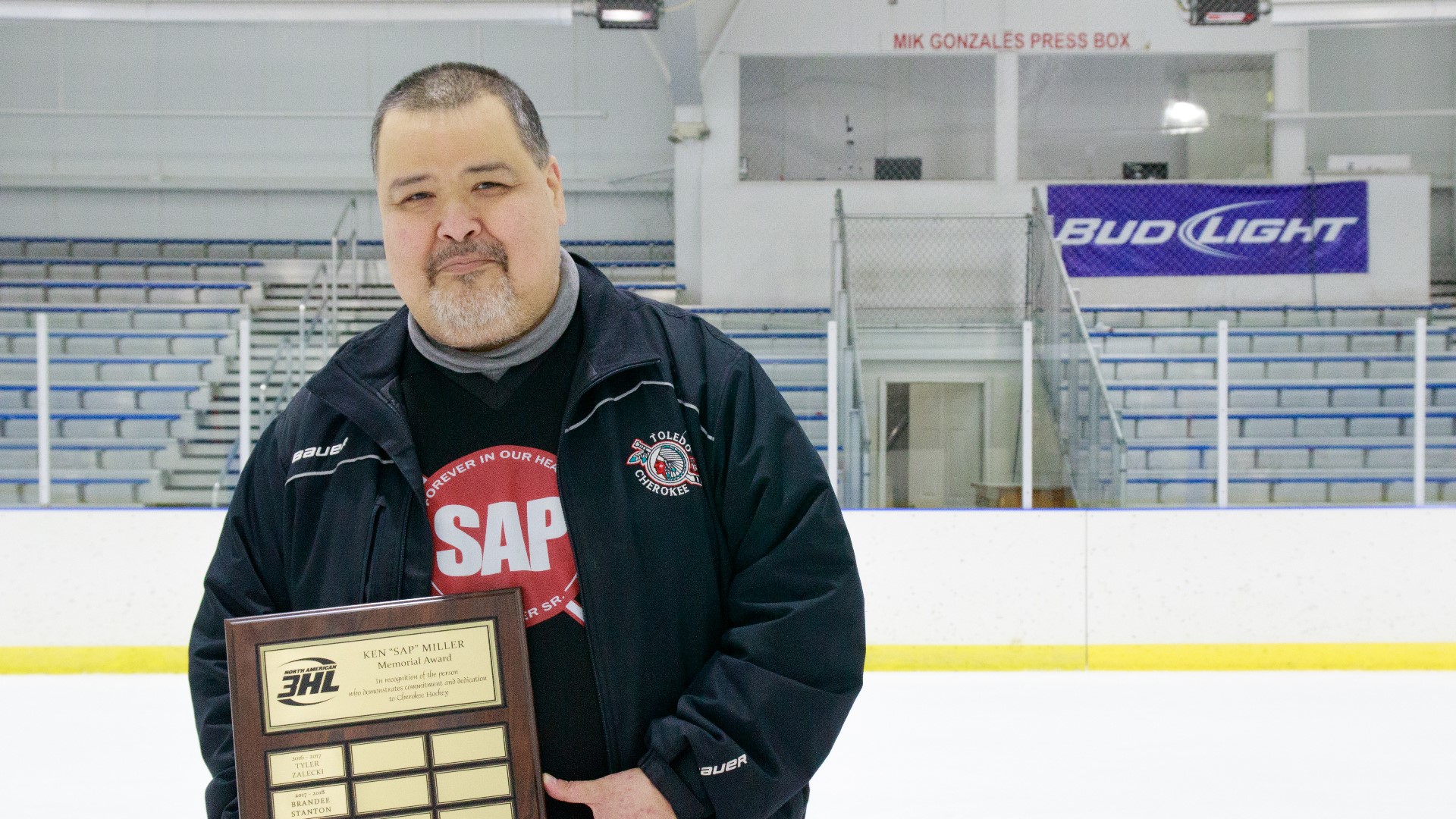 Longtime Toledo Cherokee broadcaster and supporter Mik Gonzales was honored with SAP Memorial Award in appreciation of his service to the organization.