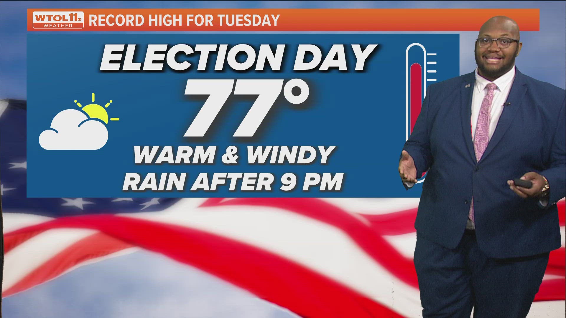 It will be a breezy, warm and mainly dry start to Election Day on Tuesday. Near-record warmth in the afternoon will push highs into the upper 70s.