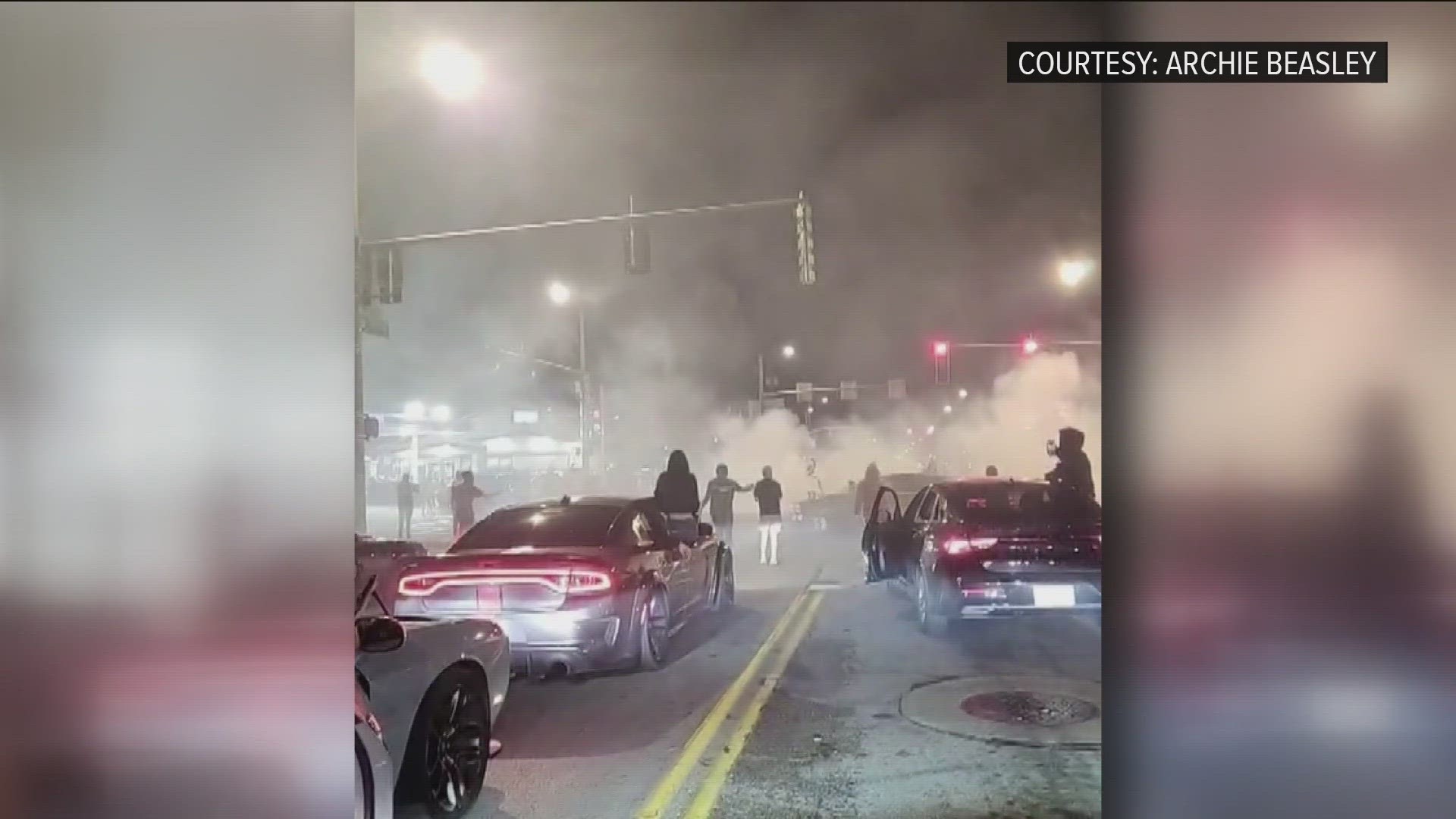 Archie Beasley and his wife were driving home from a celebration when they were met with a scene of burning rubber in a city intersection Sunday night.