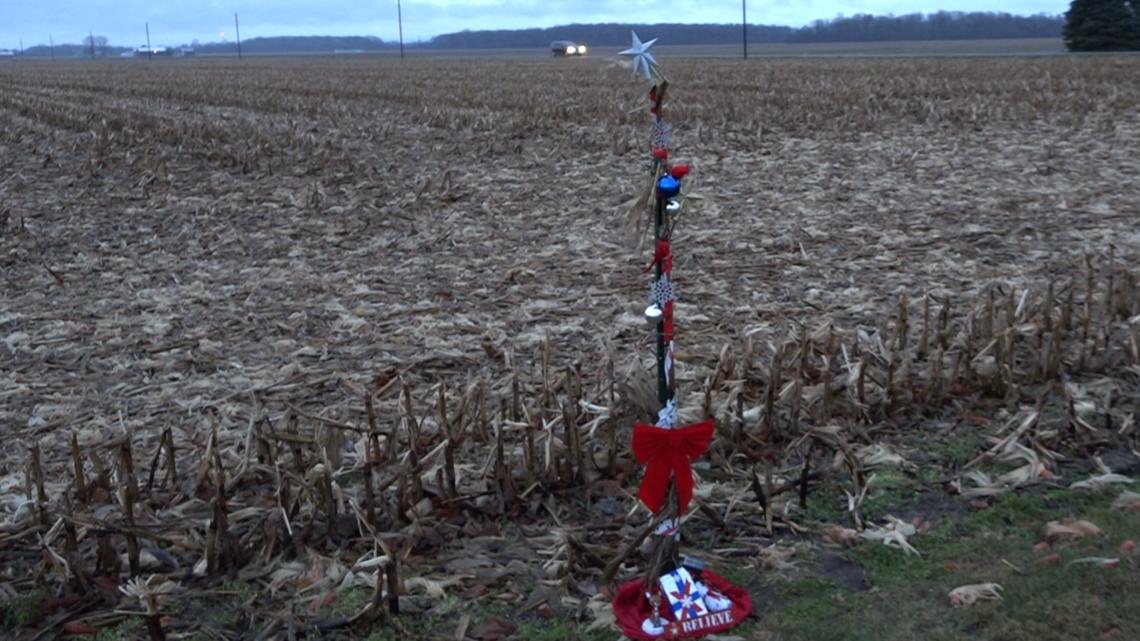 Corn stalk all decked out for Christmas in Wood County village