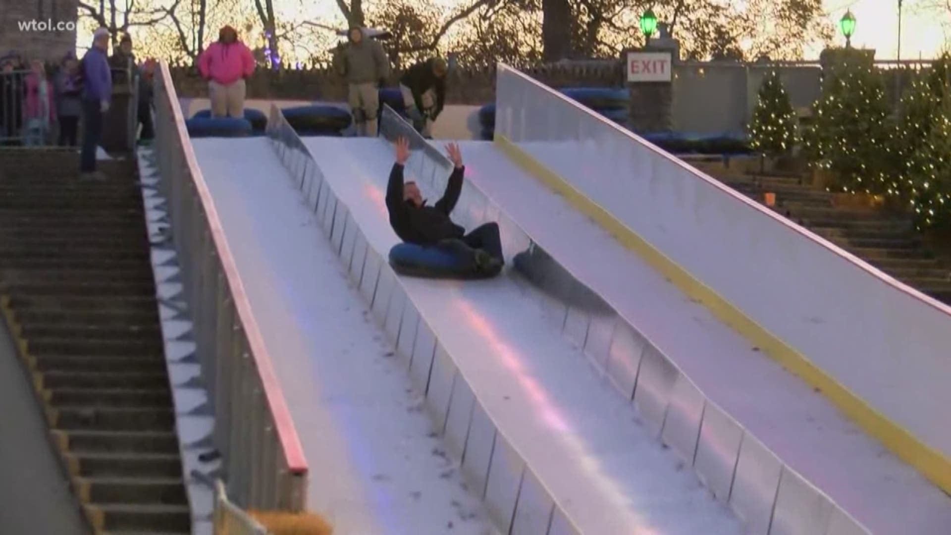 WTOL's First Alert Meteorologists test the ice conditions at the Amphitheater during Lights Before Christmas.