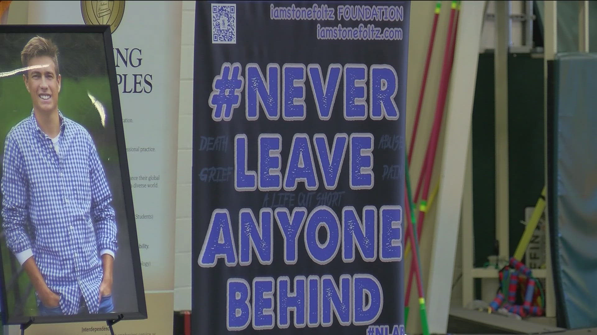 Shari and Cory Foltz's message is "never leave anyone behind." It reminds students, their friends and witnesses to hazing to not stand by, or it may lead to tragedy.