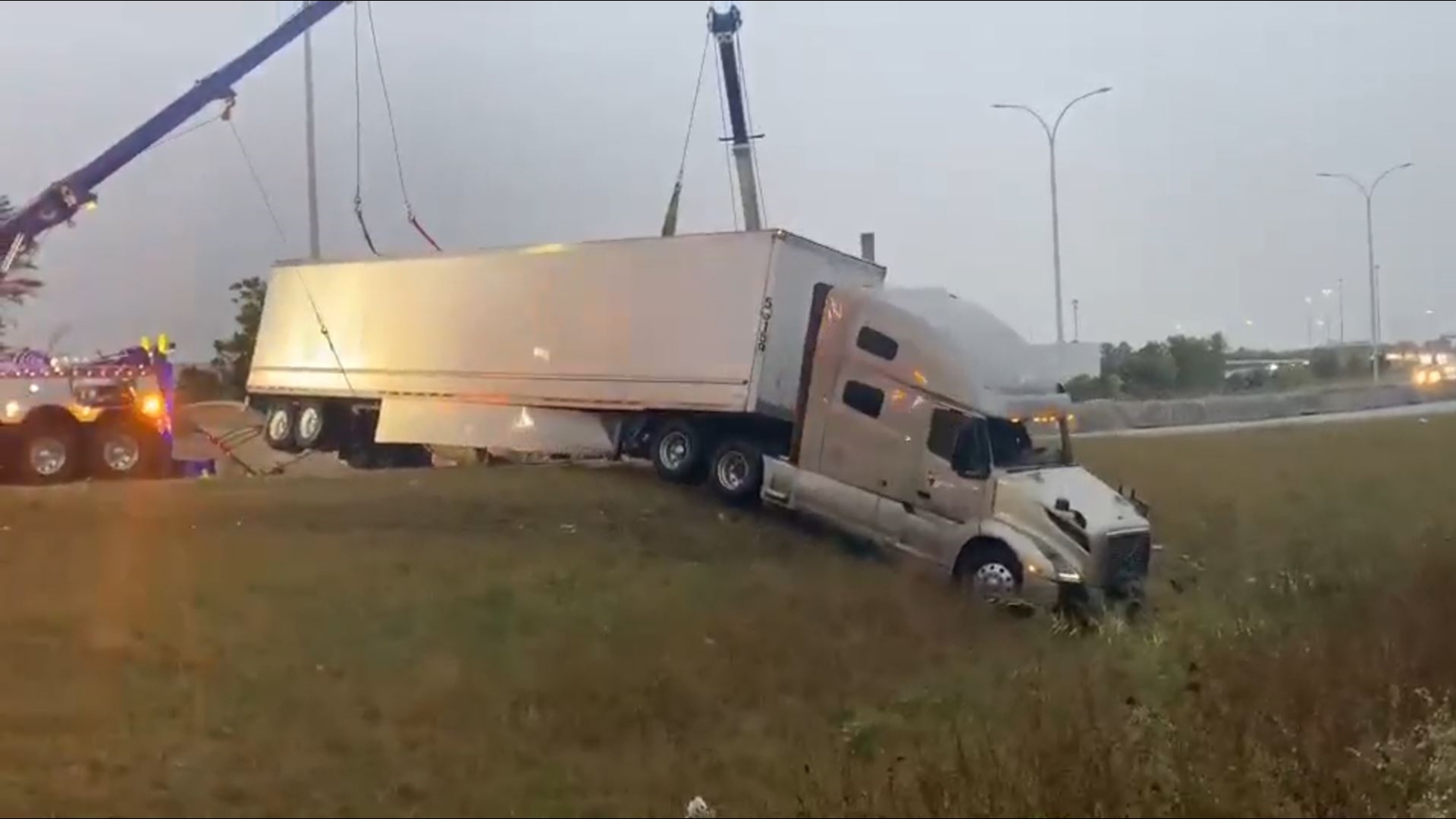 The semi was made upright around 7:15 p.m.