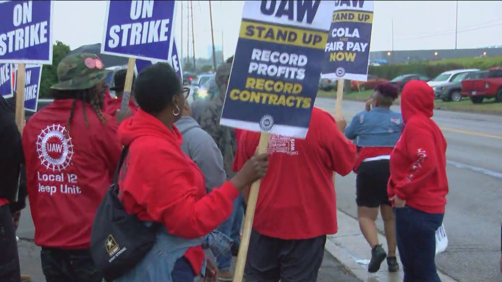 United Auto Workers members remained on the picket line on day 11 of the strike, even as the weather was less than ideal.