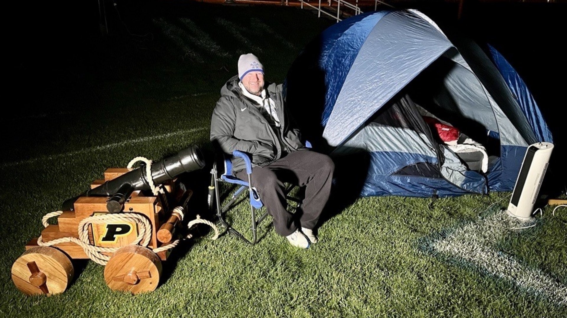 A tradition he started when he was hired in 2016, Andy Brungard pitched a tent at Schaller Stadium and camped out for the night after beating the Yellow Jackets.
