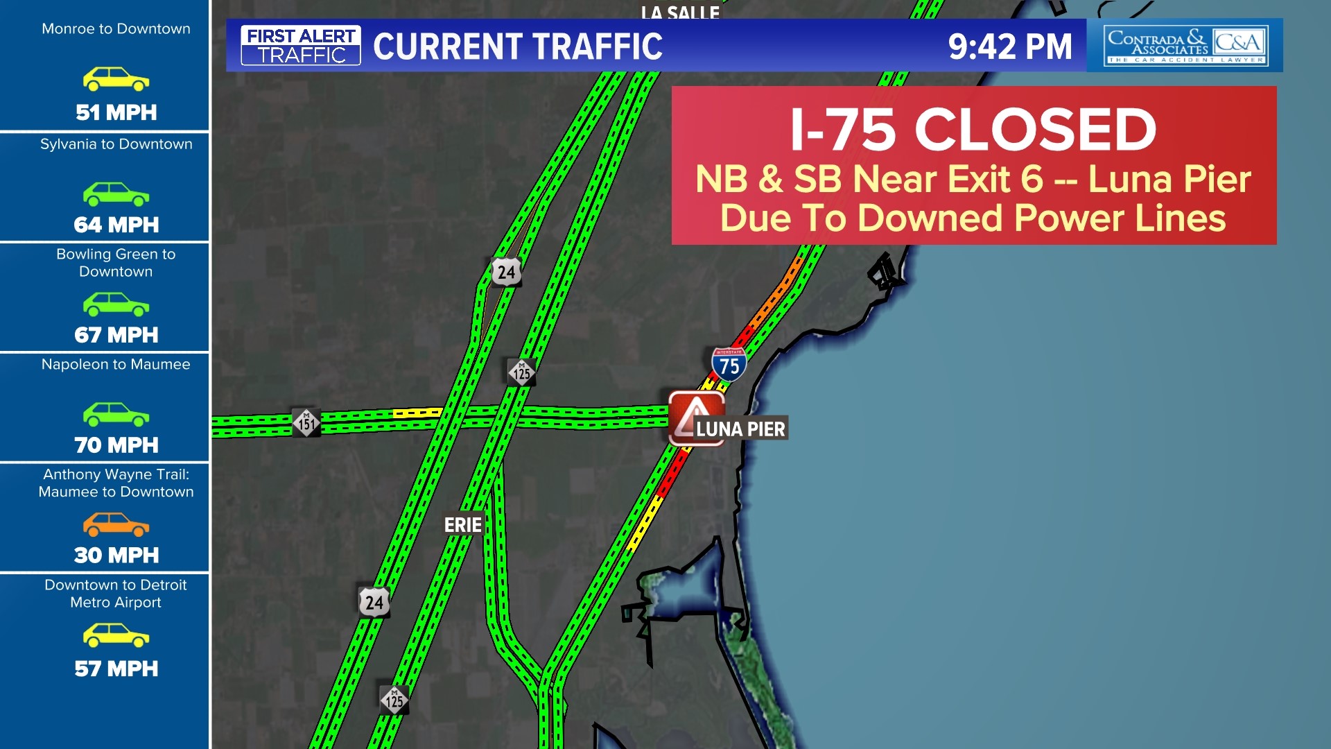 FIRST ALERT TRAFFIC I75 closed at Luna Pier due to downed power lines