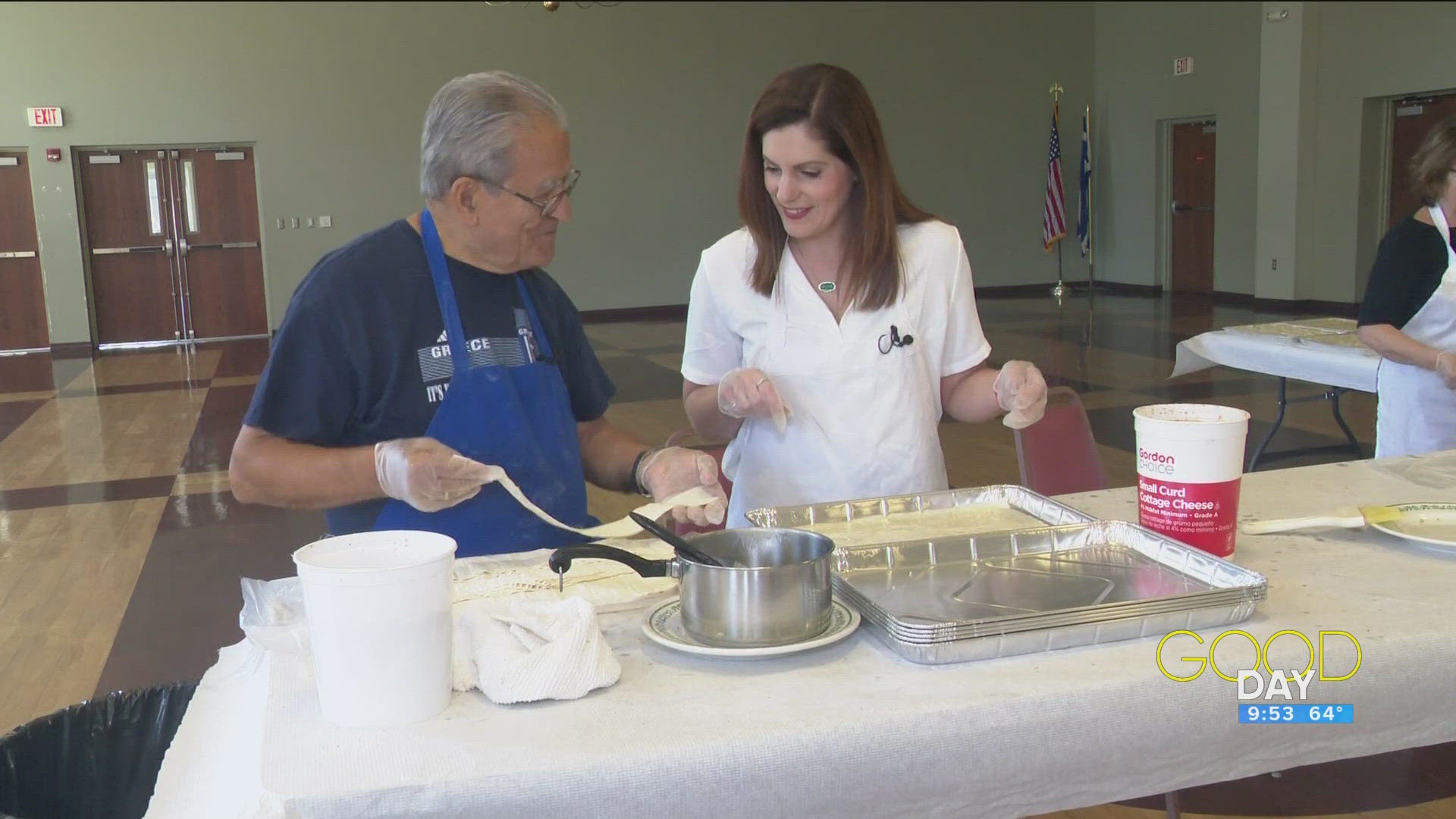 Amanda learns to make baklava from Greek-American festival volunteer Andy Petros.