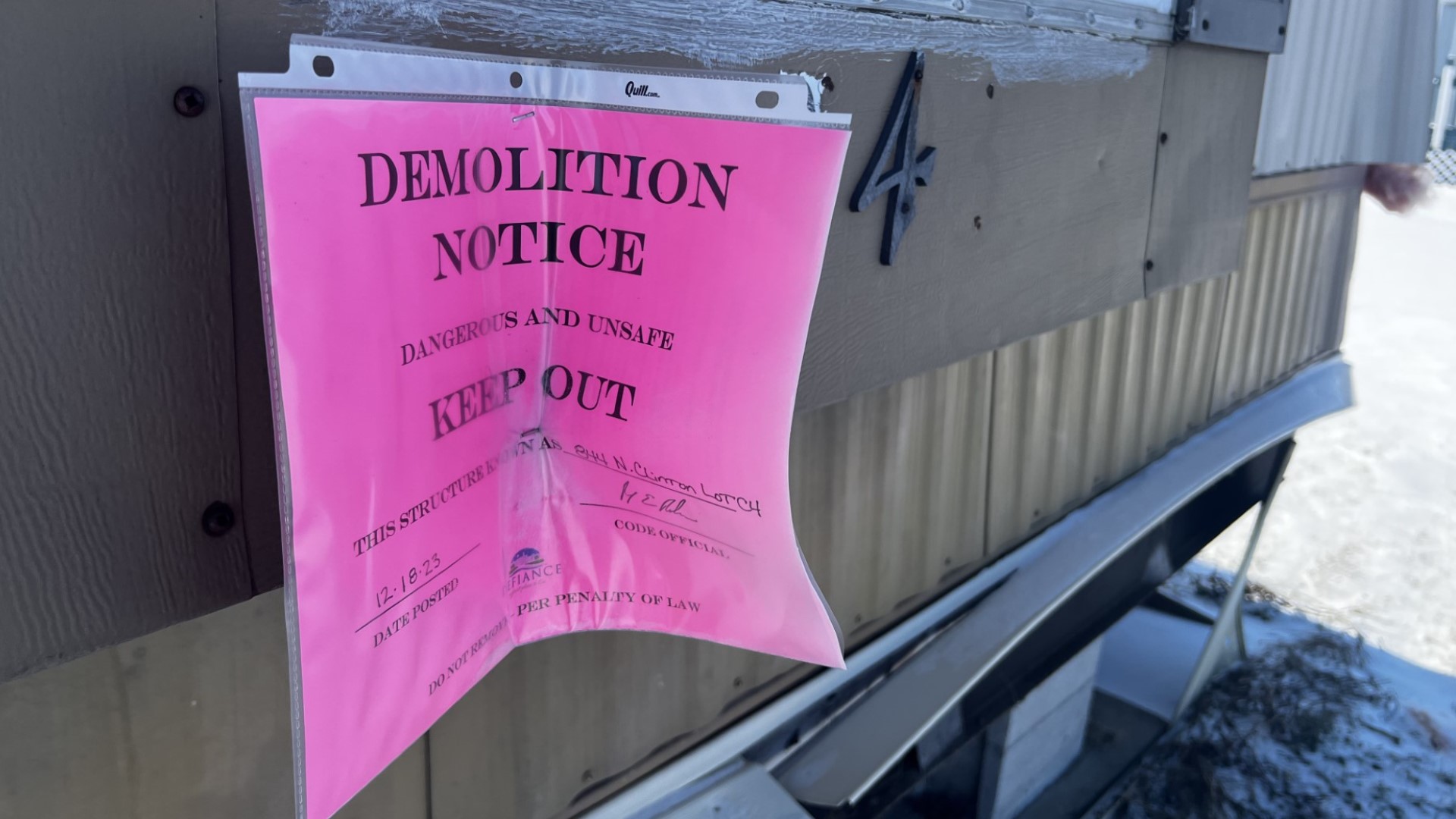 McKenna Murray reached out to Call 11 for Action after a Defiance park advertised vacant trailers already set for demolition, leaving families out in the cold.